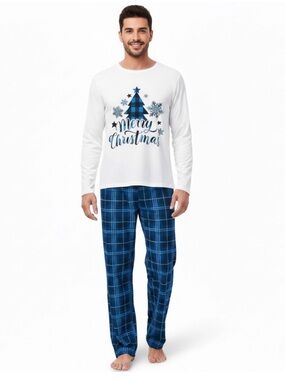 Merry Christmas Blue Plaid Men's Holiday Pajama Set